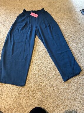 Smocked-Waist Wide Leg Pants in Deep Navy